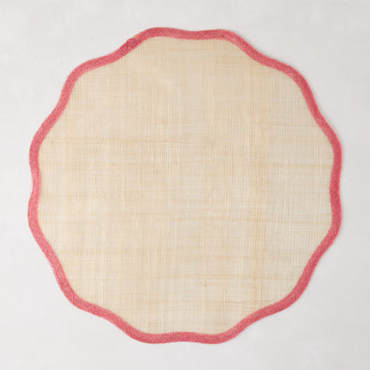 Newport Pink Border Scalloped Placemat, natural Abaca, 16" Dia.