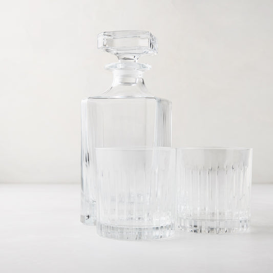 Regent Nightcap Gift Set: Clear eco-crystal decanter and two 11oz old-fashioned glasses with etched lines.