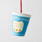 Hand-painted blue and white NYC deli cup Christmas ornament with "We Are Happy To Serve You" in gold glitter.