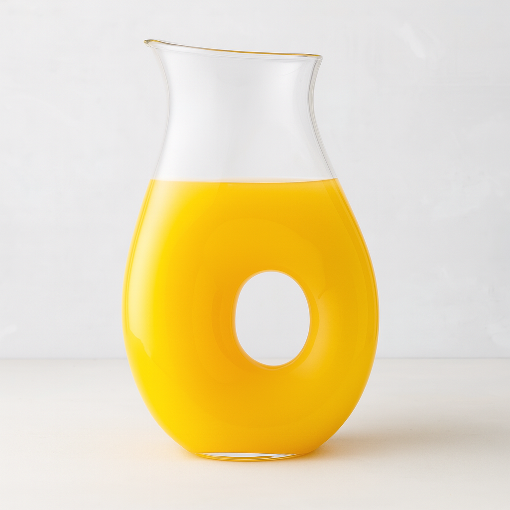 Clear glass "O" pitcher with an O-shaped handle, filled with orange juice.