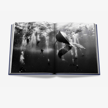 Open "Ocean Wanderlust" book, blue linen hardcover, displaying a black and white image of a whale tail and divers underwater.