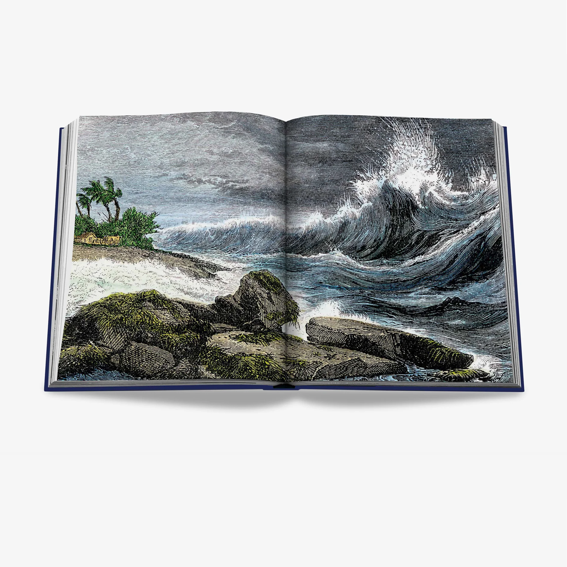 Open "Ocean Wanderlust" book, blue linen hardcover, displaying a vintage illustration of crashing ocean waves and a palm-lined shore.
