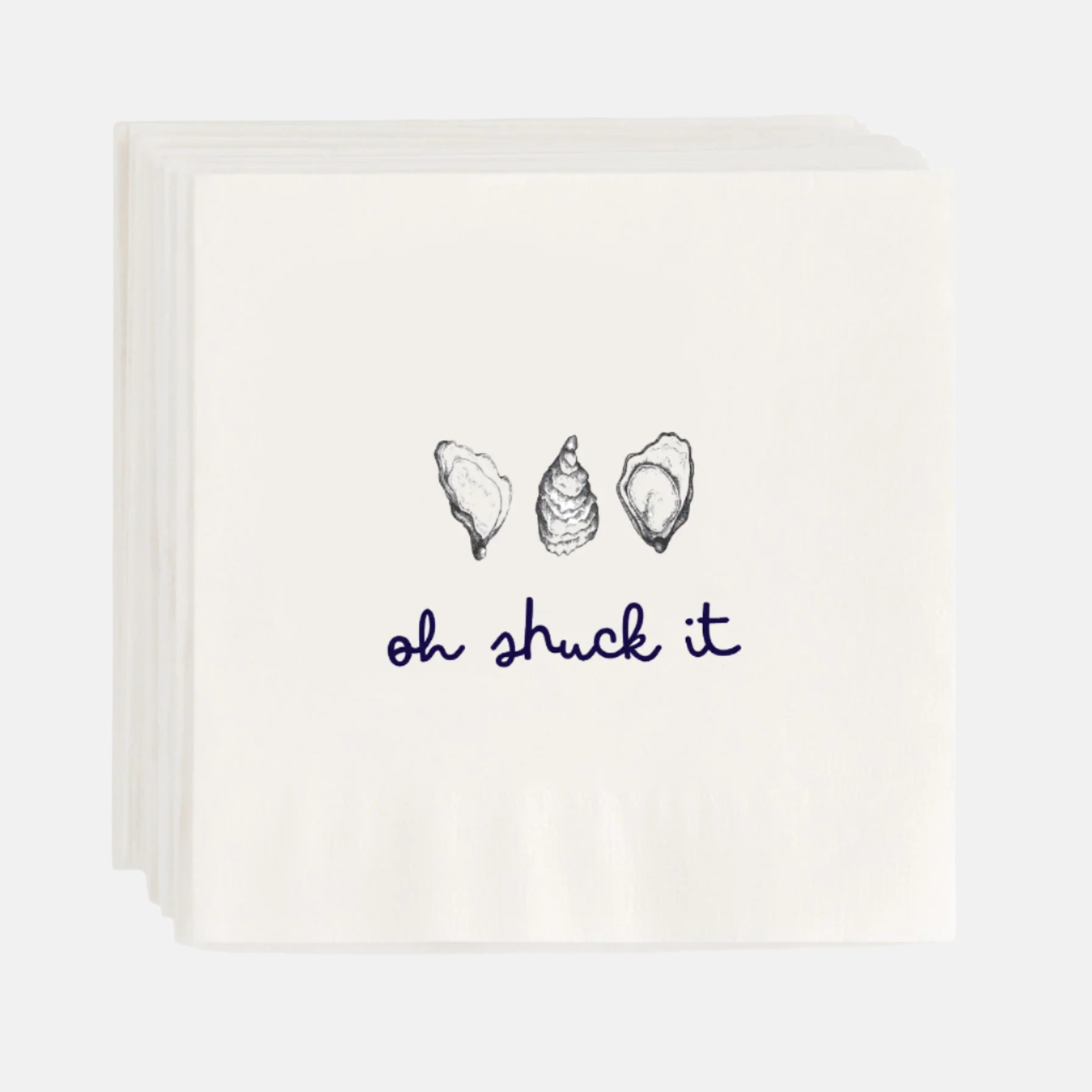 White 5.5" square paper cocktail napkins with "oh shuck it" text and oyster shell illustrations.