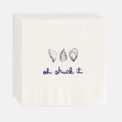 White 5.5" square paper cocktail napkins with "oh shuck it" text and oyster shell illustrations.