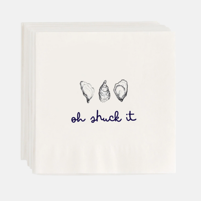 White 5.5" square paper cocktail napkins with "oh shuck it" text and oyster shell illustrations.