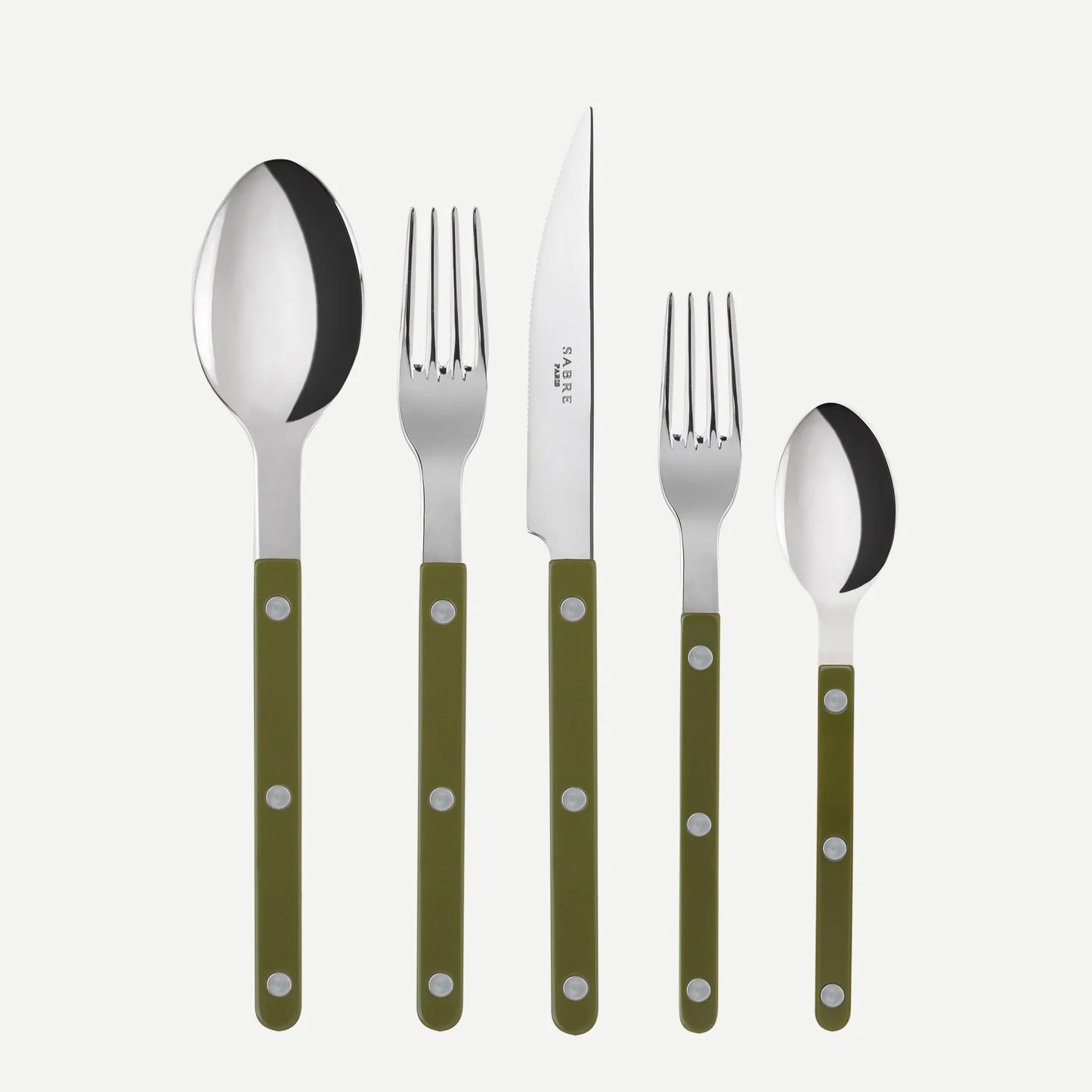 Olive green Bistro 5-piece flatware set with stainless steel and acrylic handles.