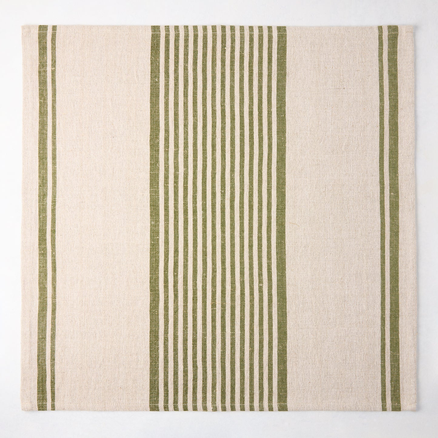 Olive green boat stripe natural napkin, 22" square, woven cotton-linen blend.