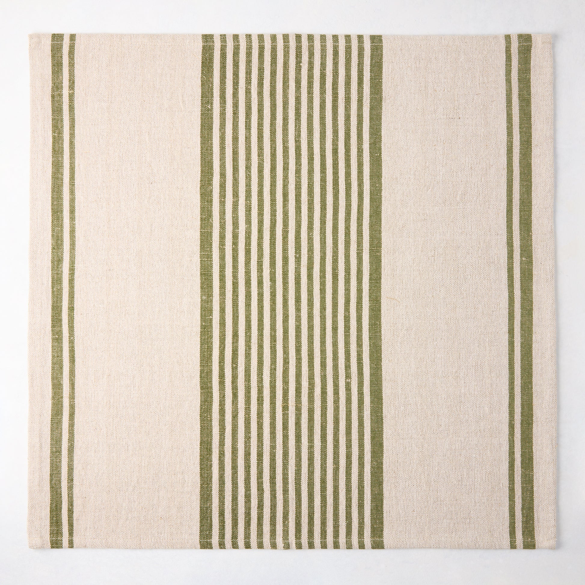 Olive green boat stripe natural napkin, 22" square, woven cotton-linen blend.
