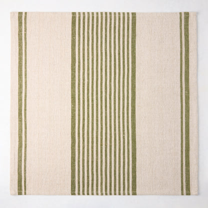 Olive green boat stripe natural napkin, 22" square, woven cotton-linen blend.