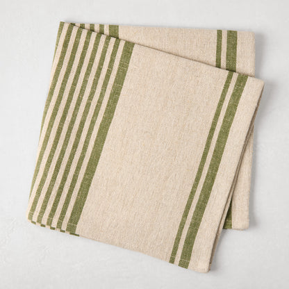Olive green boat stripe natural napkin, folded, 50% cotton, 50% linen.