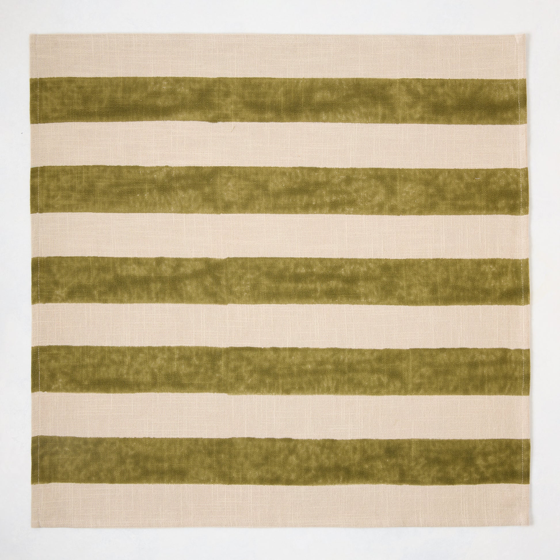 Olive green Hampton stripe natural cotton napkin, 22" square, with wide block-printed green stripes on khaki.