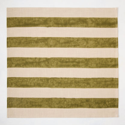 Olive green Hampton stripe natural cotton napkin, 22" square, with wide block-printed green stripes on khaki.