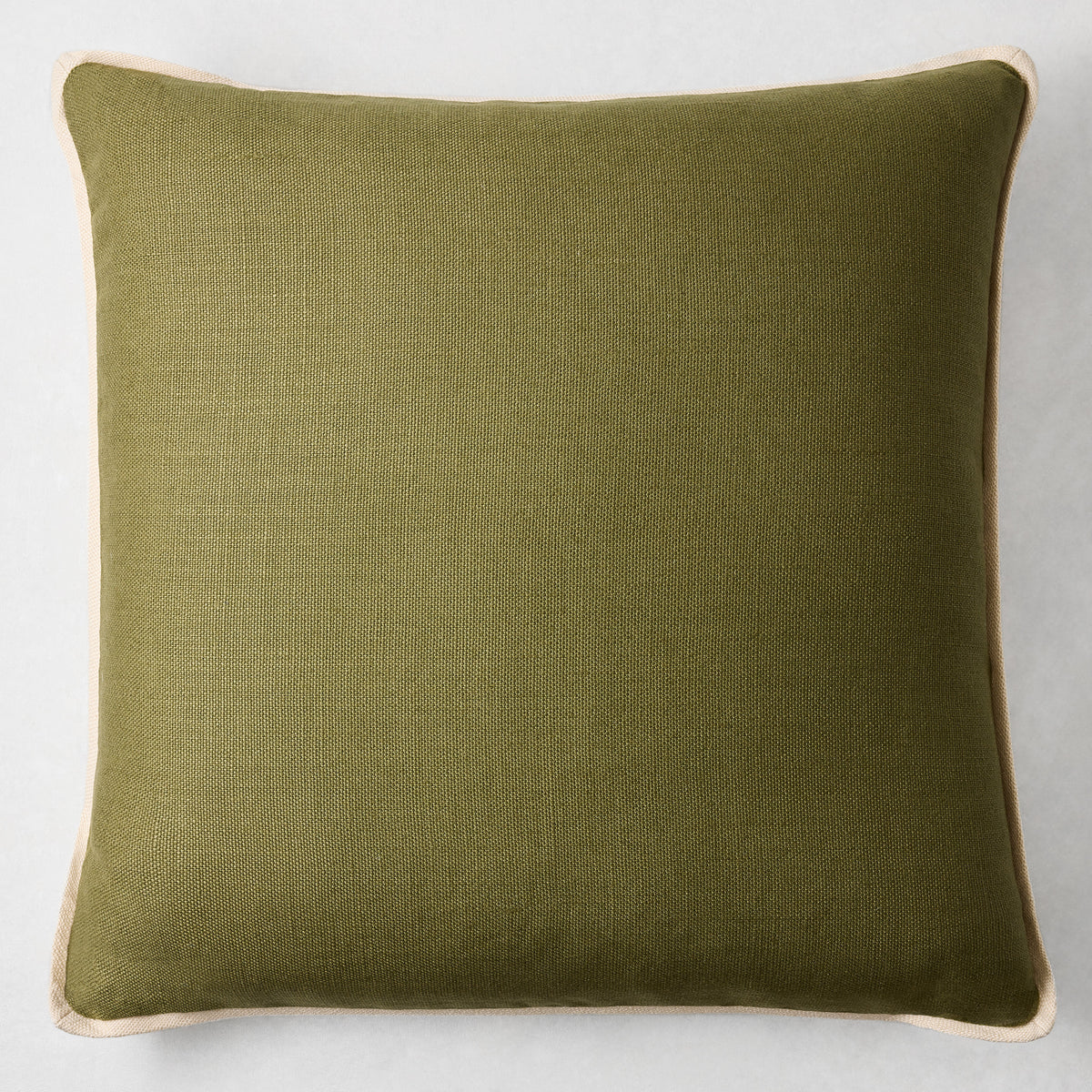 22-inch square olive green Belgian linen pillow with a contrasting light beige flange border.