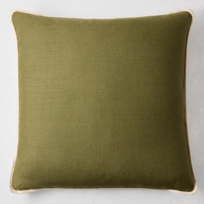 22-inch square olive green Belgian linen pillow with a contrasting light beige flange border.