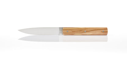 Perceval 9.47 stainless steel knife with a natural olive wood handle, featuring a sleek, flush-blade design.