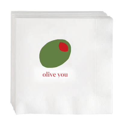 White paper cocktail napkins with a green olive and red pimento design, "olive you" text.