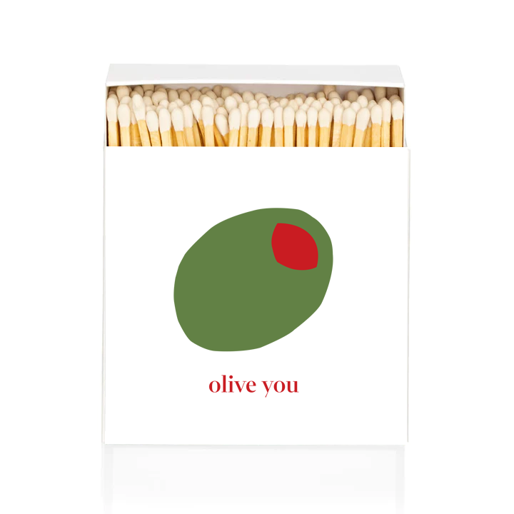 White box of "Olive You" oversized matches with green olive and red pimento design.