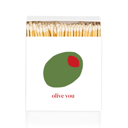 White box of "Olive You" oversized matches with green olive and red pimento design.