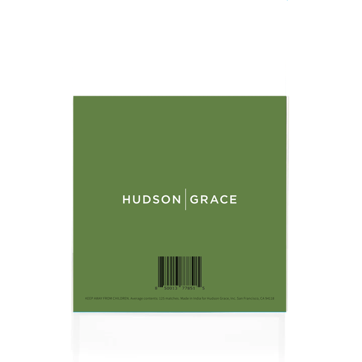 Hudson Grace "Olive You" oversized matches box, olive green with white text and barcode.