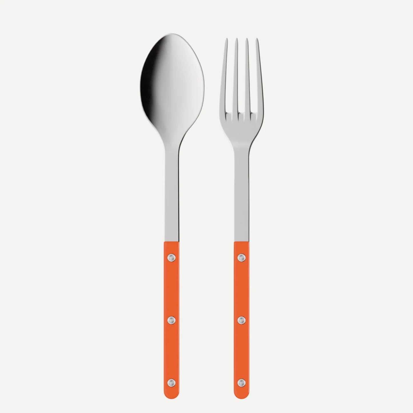 Orange Bistro 2-piece serving set: 10.25" 18/10 stainless steel spoon and fork with orange acrylic handles.