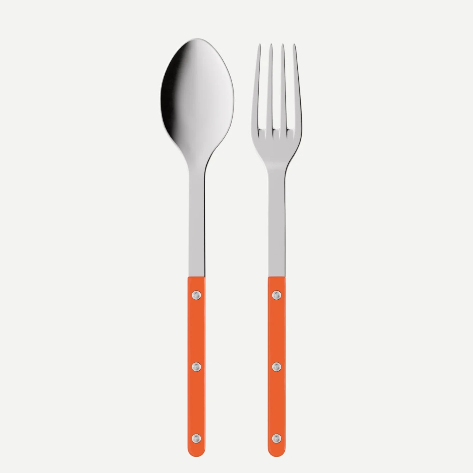 Orange Bistro 2-piece serving set: 10.25" 18/10 stainless steel spoon and fork with orange acrylic handles.