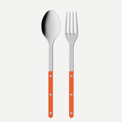 Orange Bistro 2-piece serving set: 10.25" 18/10 stainless steel spoon and fork with orange acrylic handles.