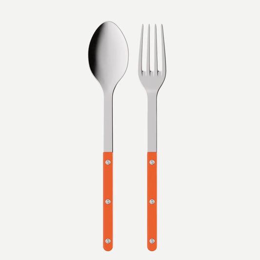 Orange Bistro 2-piece serving set: 10.25" 18/10 stainless steel spoon and fork with orange acrylic handles.