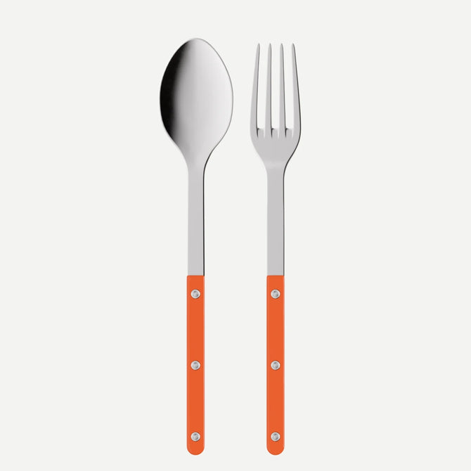 Orange Bistro 2-piece serving set: 10.25" 18/10 stainless steel spoon and fork with orange acrylic handles.