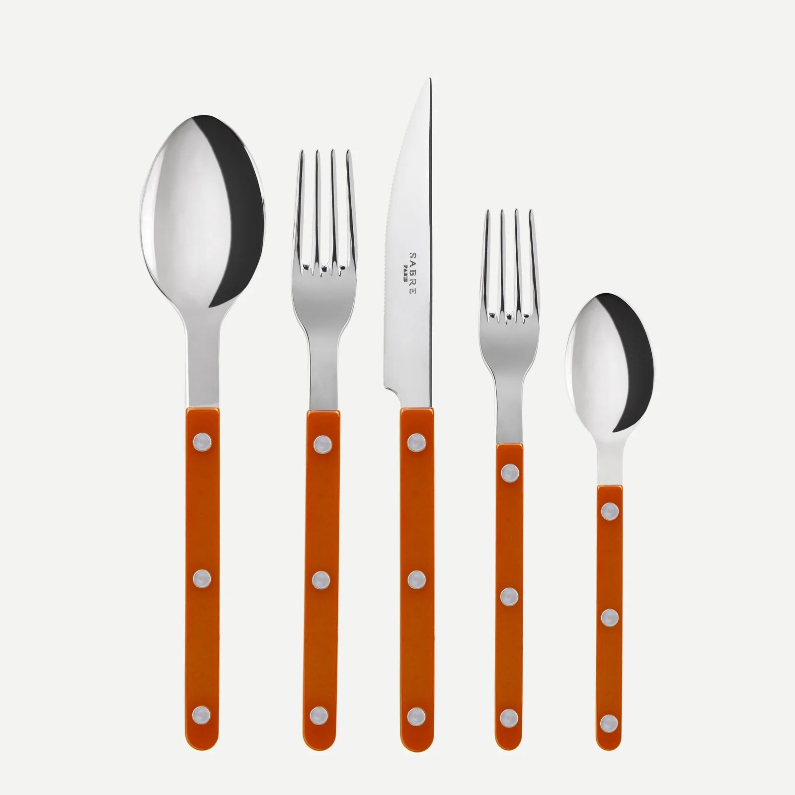 Orange Bistro 5-piece flatware set with stainless steel and acrylic handles.
