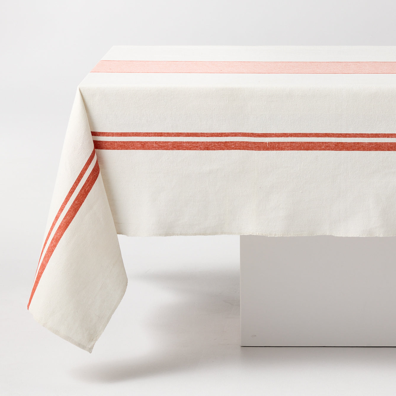 Orange Boat Stripe Tablecloth, 70"L x 108"W, cotton-linen blend, white with orange stripes.