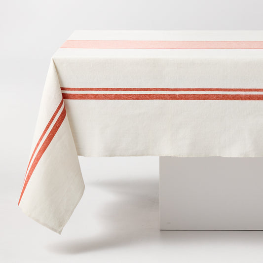 Orange Boat Stripe Tablecloth, 70"L x 108"W, cotton-linen blend, white with orange stripes.