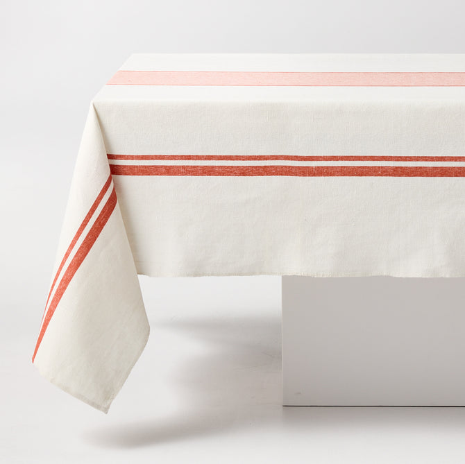 Orange Boat Stripe Tablecloth, 70"L x 108"W, cotton-linen blend, white with orange stripes.