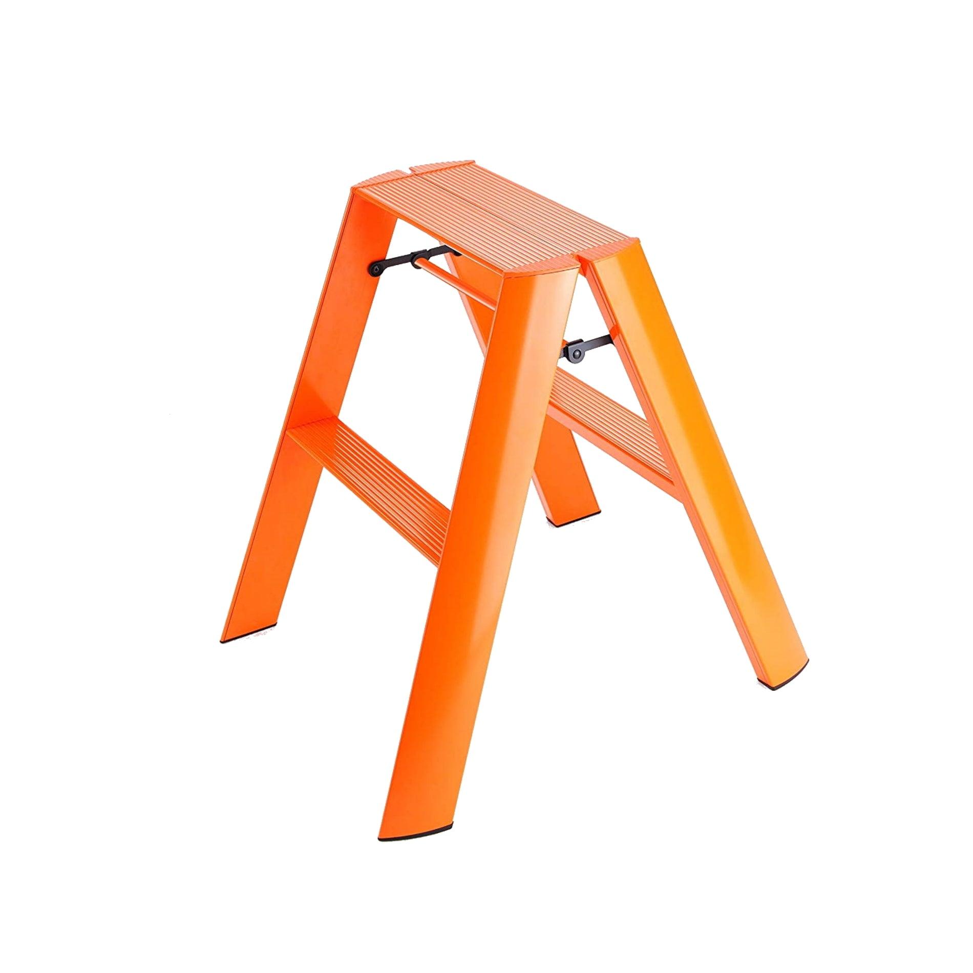 Orange Lucano Hasegawa 2-step lightweight aluminum and steel ladder with grooved treads and non-skid feet.