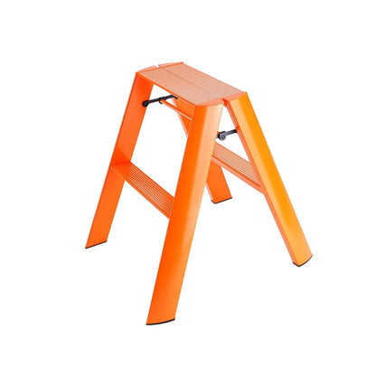 Orange Lucano Hasegawa 2-step lightweight aluminum and steel ladder with grooved treads and non-skid feet.