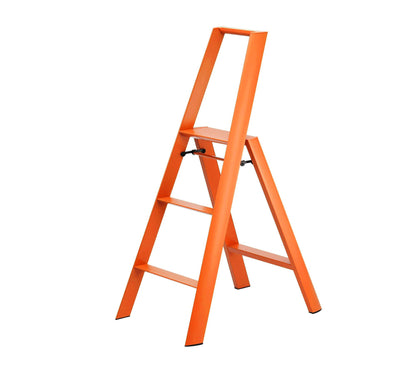 Orange Lucano Hasegawa 3-step lightweight ladder, matte aluminum and steel, with black non-skid feet.