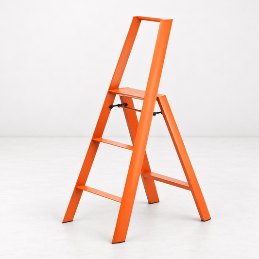 Orange Hasegawa Lucano 3-step ladder in matte aluminum and steel with a minimalist design and safety latch.
