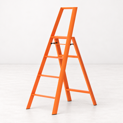 Orange Hasegawa Lucano 4-step ladder in matte aluminum and steel with a minimalist design and safety latch.