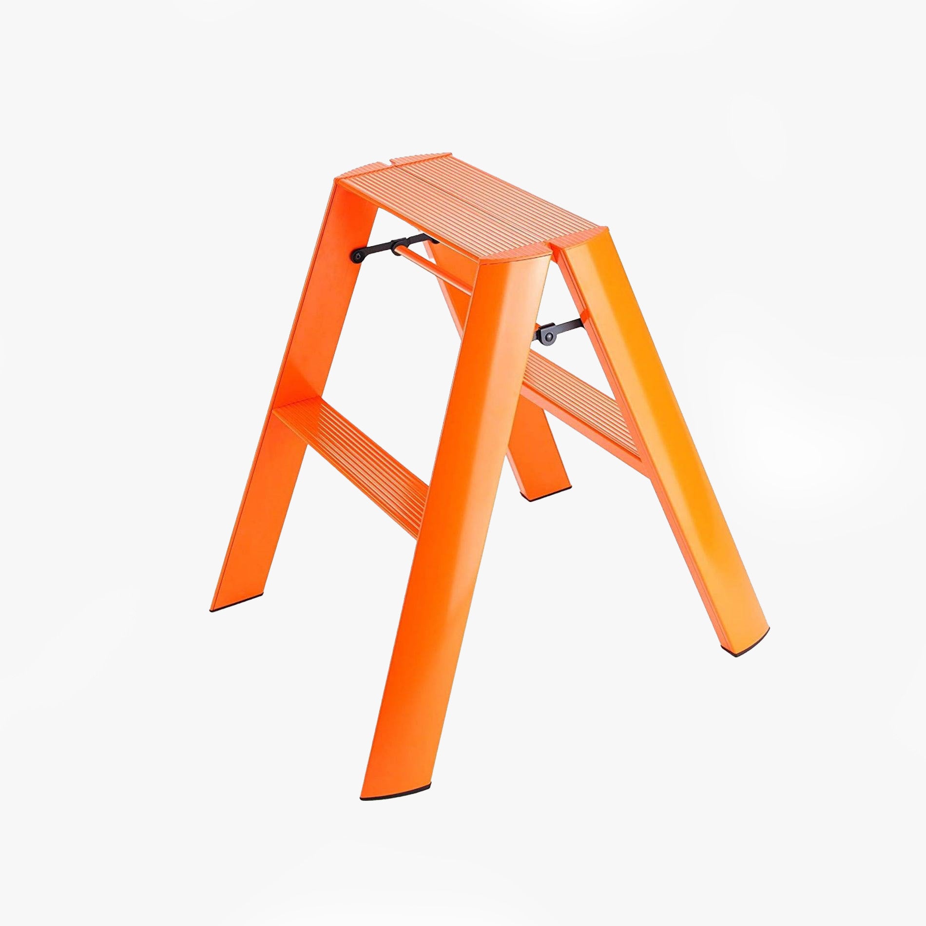 Orange Lucano Hasegawa 2-step lightweight aluminum and steel ladder with grooved treads and black non-skid feet.