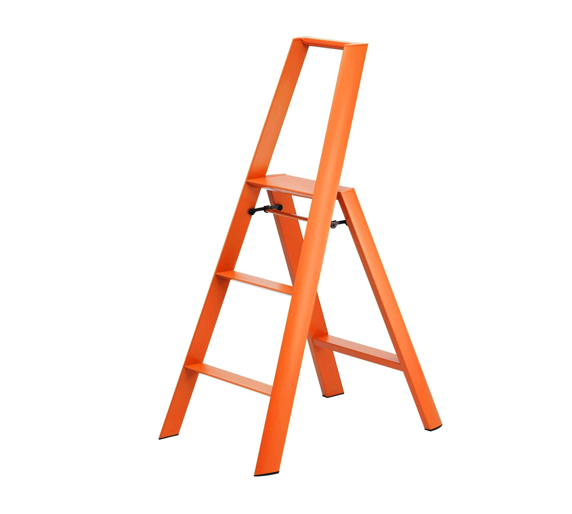 Orange Lucano Hasegawa 3-step lightweight ladder, matte aluminum and steel, with black non-skid feet.