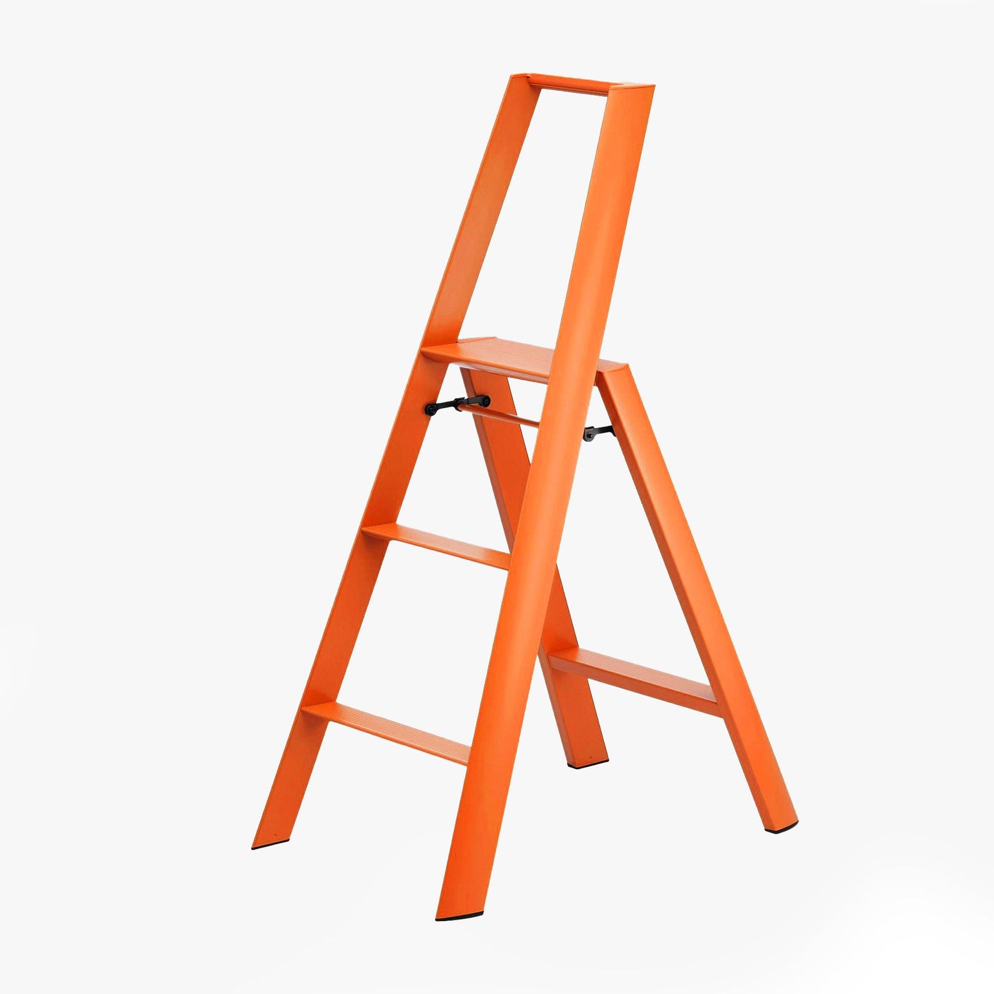 Orange Lucano Hasegawa 3-step lightweight ladder, aluminum and steel, matte finish, non-skid feet.