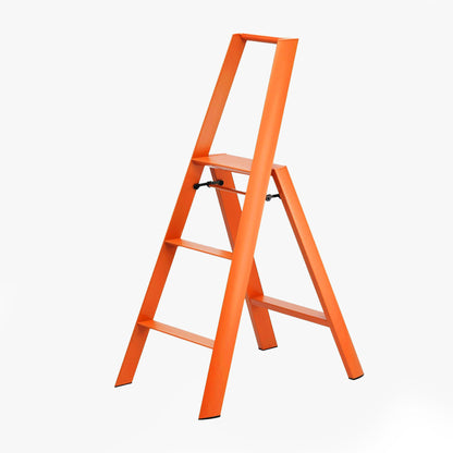 Orange Lucano Hasegawa 3-step lightweight ladder, aluminum and steel, matte finish, non-skid feet.