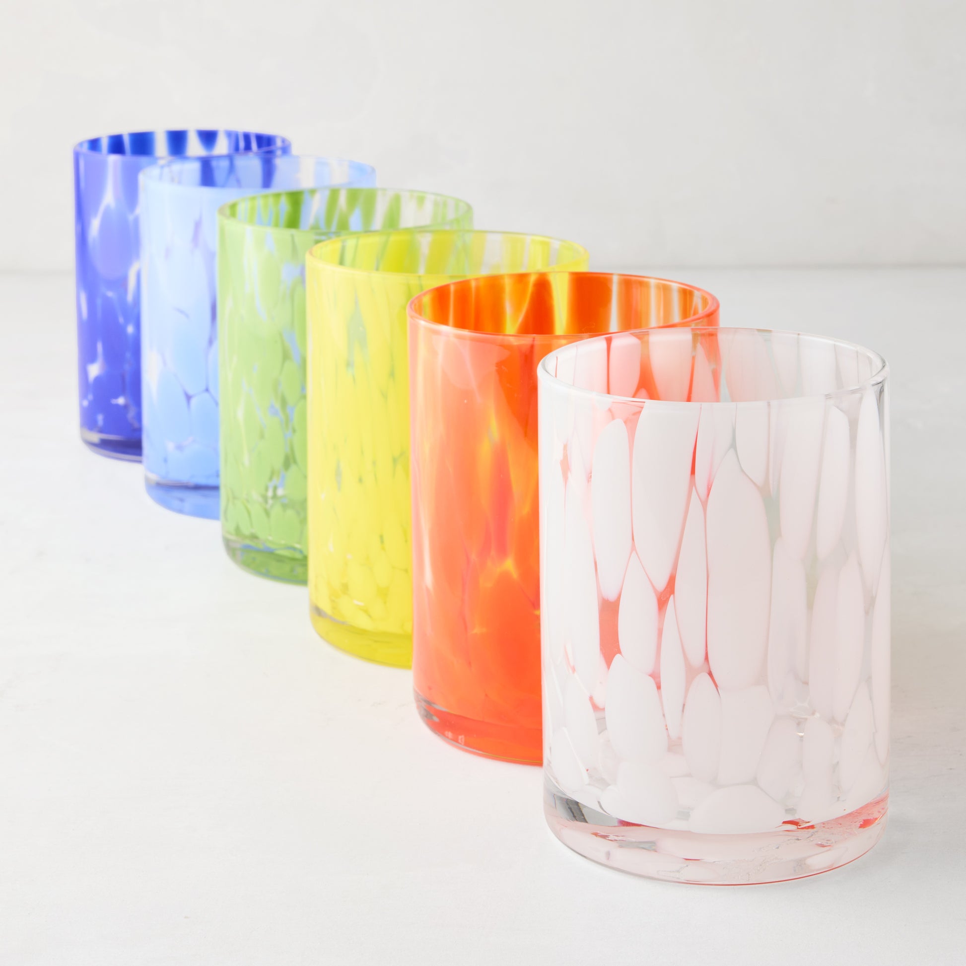 Six Spotted Double Old Fashioned Glasses in white, orange, yellow, green, light blue, and dark blue.