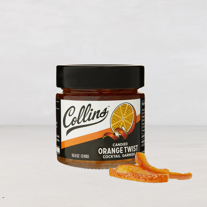 Collins Candied Orange Twist cocktail garnish in a 10.9 oz jar with loose candied peels.