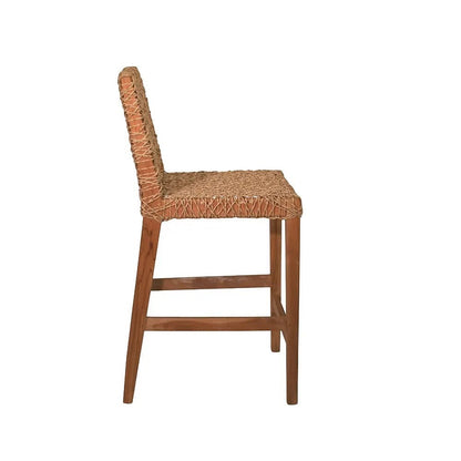 Organics Woven Counter Stool, natural cord handwoven seat and back, solid reclaimed teak frame, side view.