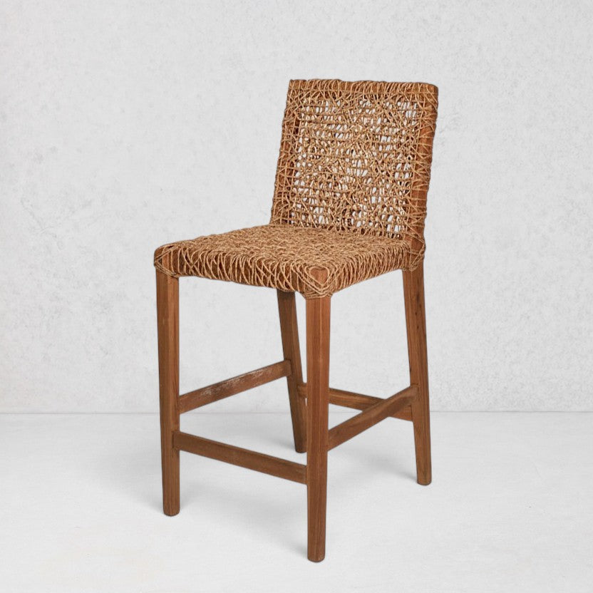Organics Woven Counter Stool, natural cord handwoven seat and back on a sturdy teak frame.