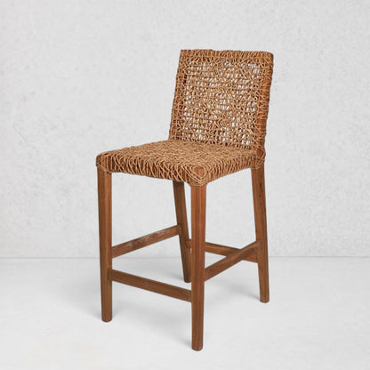 Organics Woven Counter Stool, natural cord handwoven seat and back on a sturdy teak frame.