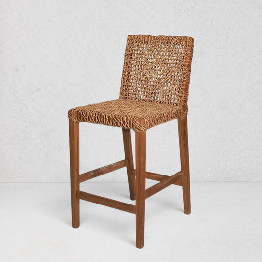 Organics Woven Counter Stool, natural cord handwoven seat and back on a sturdy teak frame.