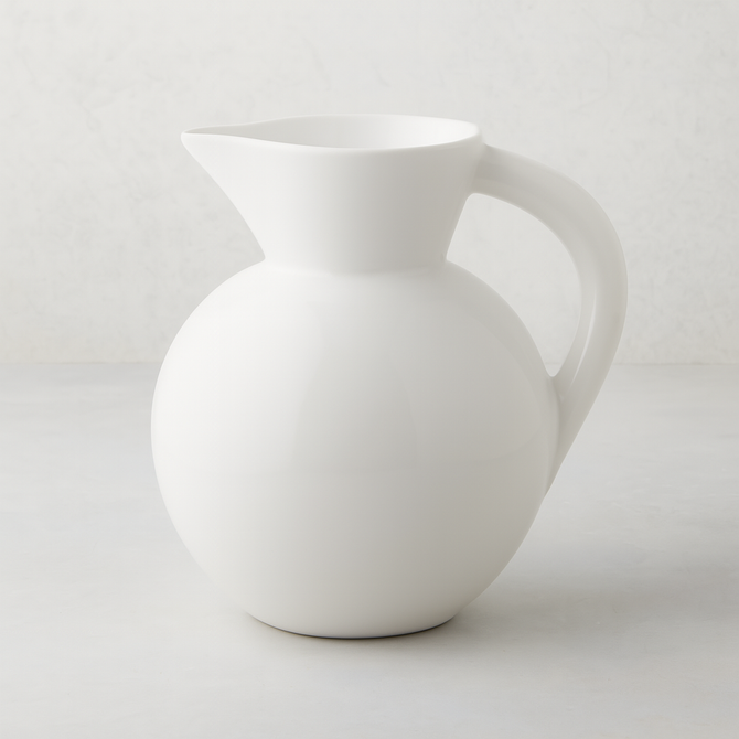 HG Original Large Round Ceramic Pitcher, creamy white, 9"W x 10"H, with a curved handle.