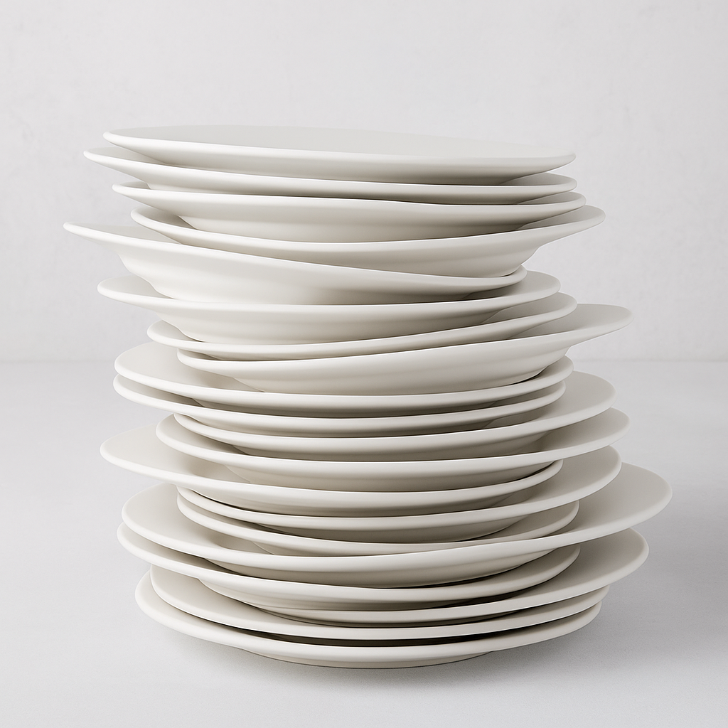 Stack of HG Original 12.5" creamy white ceramic oversized dinner plates.