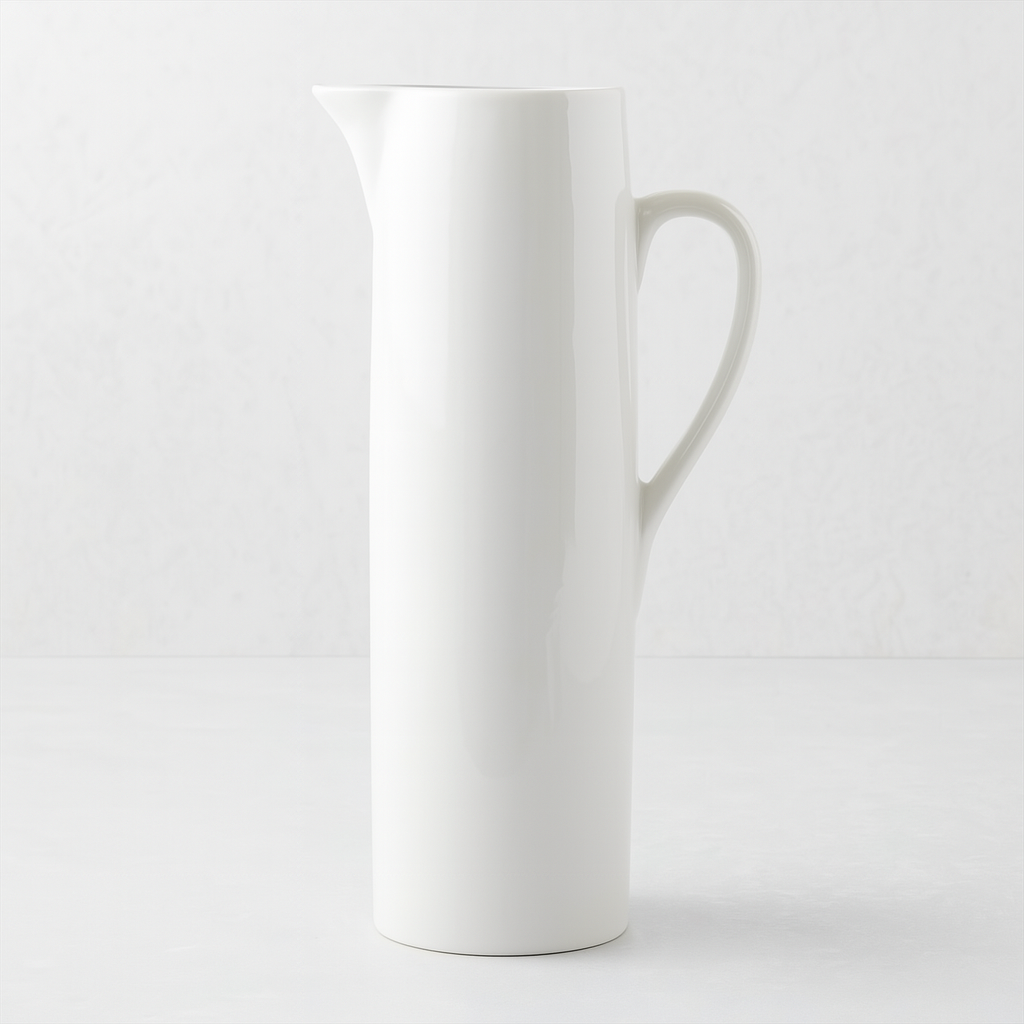 HG Original Tall Ceramic Pitcher, creamy white, 15"H, straight edges, classic design.